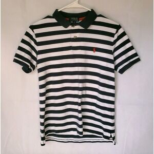 Youth Boys Size Large 14-16 Navy Blue & White Stripe Polo Shirt Red Horse